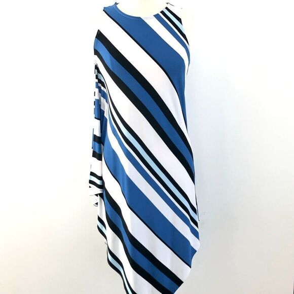 Draper’s & Damon’s Asymmetric Diagonal Stripe Waterfall Jersey Dress in Blue - Picture 1 of 7